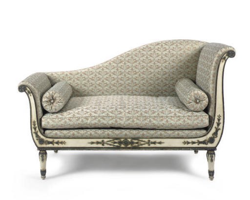 A PAINTED AND FORTUNY UPHOLSTERED RECAMIER,