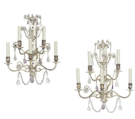 A PAIR OF SILVERED METAL FIVE-BRANCH WALL-LIGHTS,