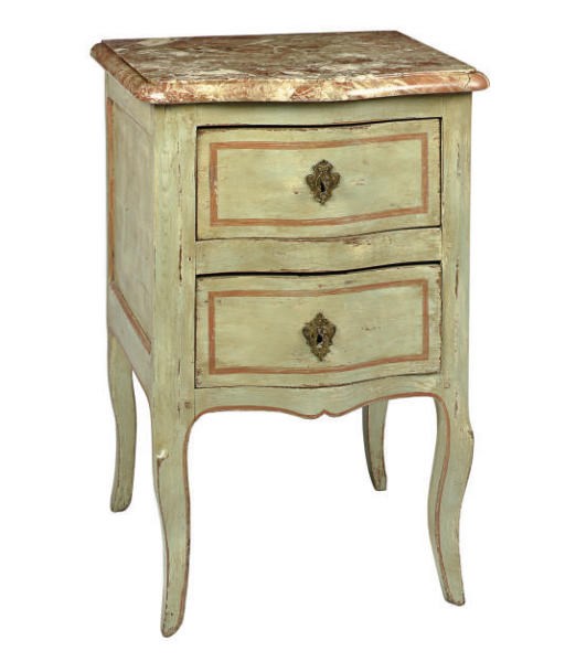 A CONTINENTAL PAINT-DECORATED SERPENTINE COMMODE,