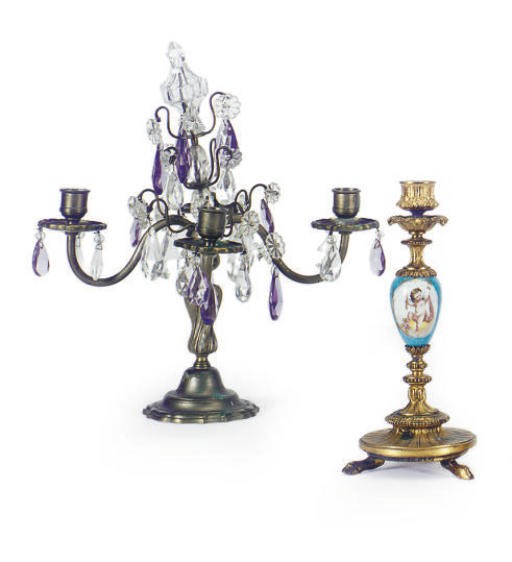A PAIR OF FRENCH GILT-METAL MOUNTED PORCELAIN CANDLESTICKS,