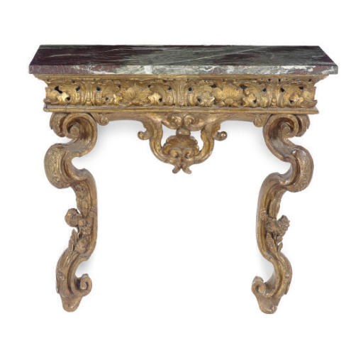 AN ITALIAN GILTWOOD MARBLE TOP CONSOLE TABLE,
