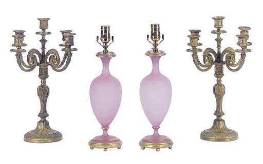 A PAIR OF GILT-BRONZE FIVE-LIGHT CANDELABRA,