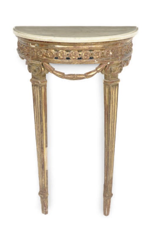 A GILTWOOD DEMILUNE CONSOLE TABLE,