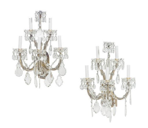 A PAIR OF MOLDED GLASS AND GILT-METAL SIX-BRANCH WALL-LIGHTS,
