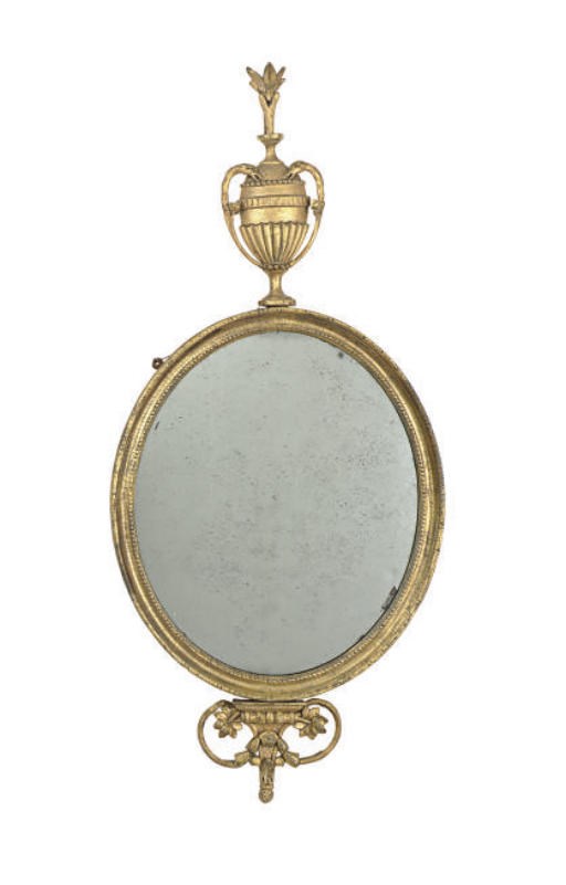 A GEORGE III OVAL GILTWOOD MIRROR,