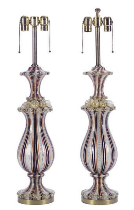 A PAIR OF MURANO GLASS VASES MOUNTED AS LAMPS,
