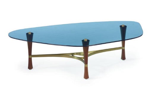 A BRASS, ROSEWOOD AND GLASS COFFEE TABLE,