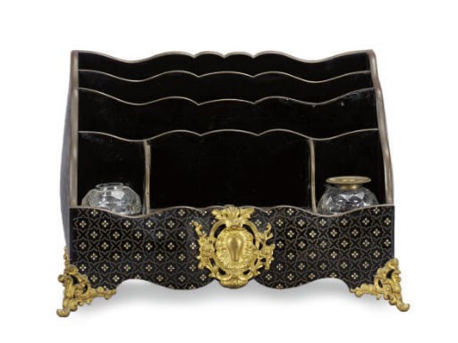 A FRENCH NACRE AND BRASS INALID THREE TIER INK AND STATIONERY STAND,