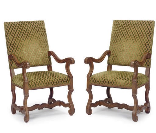 A PAIR OF STAINED-WOOD AND UPHOLSTERED ARMCHAIRS,