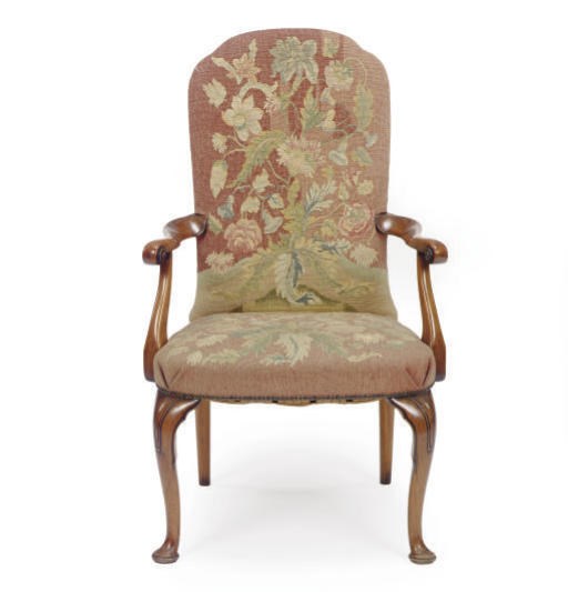 A FRUITWOOD AND NEEDLEWORK UPHOLSTERED OPEN ARMCHAIR,