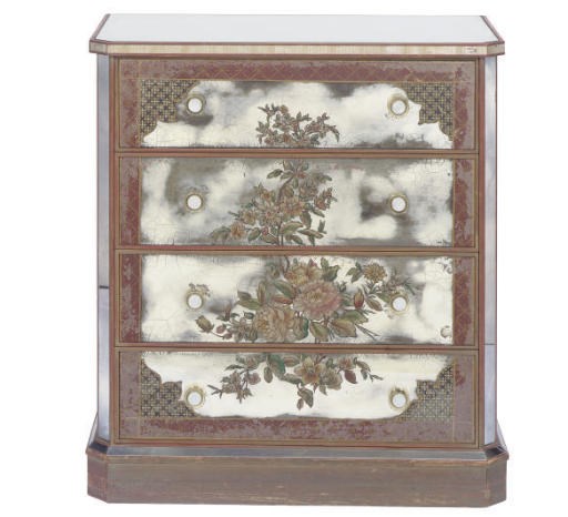 A VERRE EGLOMISE AND MIRRORED CHEST-OF-DRAWERS,