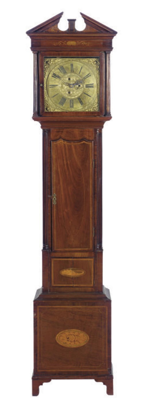 AN IRISH INLAID MAHOGANY LONG-CASE CLOCK,