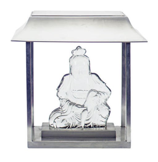 A BRUSHED ALUMINUM AND MOLDED GLASS FIGURAL TABLE LAMP,