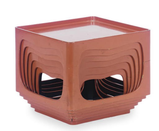 A SET OF SIX JAPANESE RED AND BLACK LACQUER LOW STACKING TABLES,