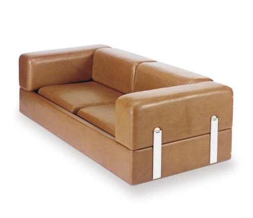 A CONTEMPORARY LEATHER AND CHROME UPHOLSTERED LOVE SEAT