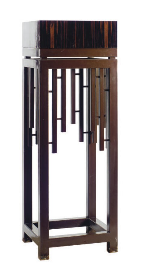 A PAINTED STEEL PEDESTAL WITH LAMINATED TOP,