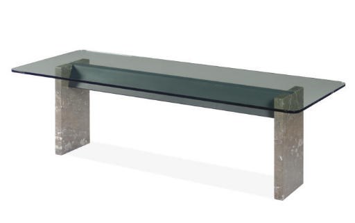 A GLASS, MARBLE AND ENAMELED METAL DINING TABLE,
