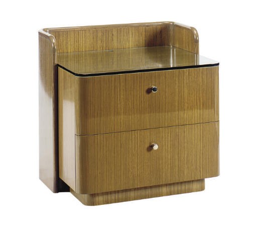 A LAMINATED TWO-DRAWER BEDSIDE TABLE WITH GLASS TOP,