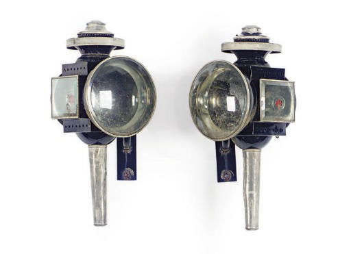 A PAIR OF ENAMELED METAL AND GLASS COACH LANTERNS,