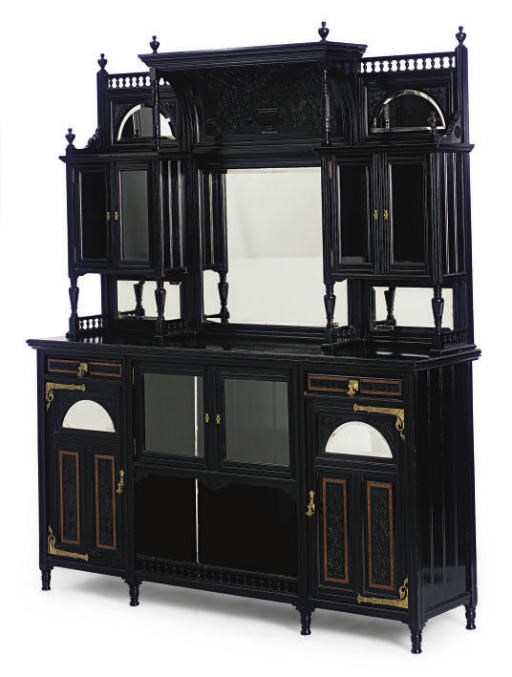 AN ENGLISH AESTHETIC MOVEMENT GILT-METAL MOUNTED EBONIZED, BURR ELM SIDE CABINET,