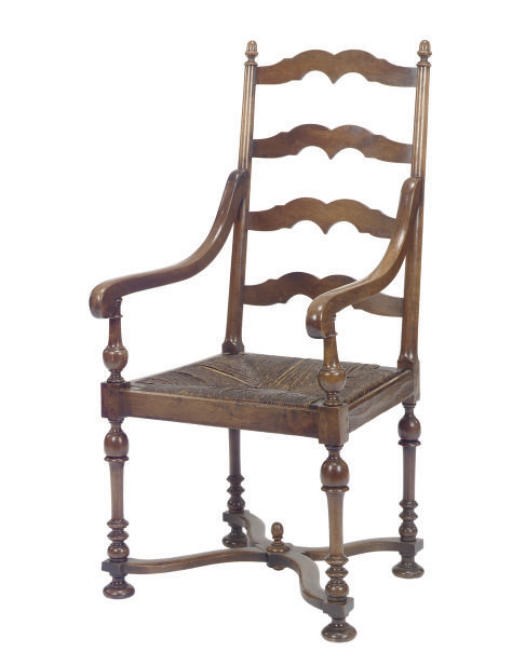 A WALNUT RUSH-SEAT LADDERBACK ARMCHAIR,