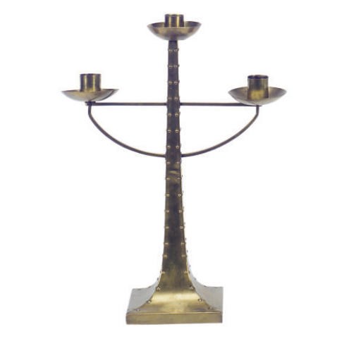 AN ARTS AND CRAFTS BRASS THREE-LIGHT CANDELABRA,