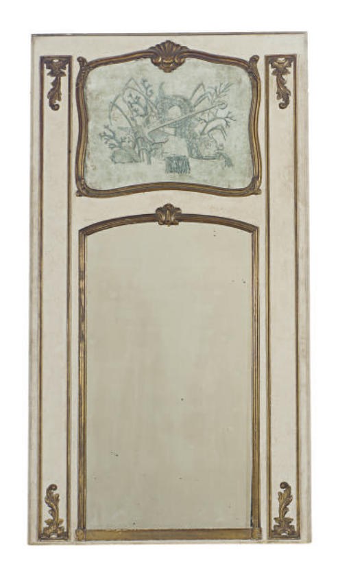 A FRENCH GREY-PAINTED AND PARCEL-GILT TRUMEAU MIRROR,