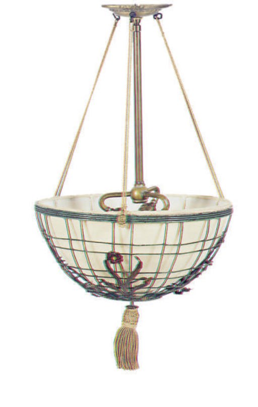 AN ENAMELED METAL CHANDELIER,