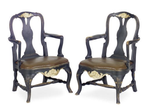 A PAIR OF SWEDISH BLACK-PAINTED AND PARCEL-GILT ARMCHAIRS,
