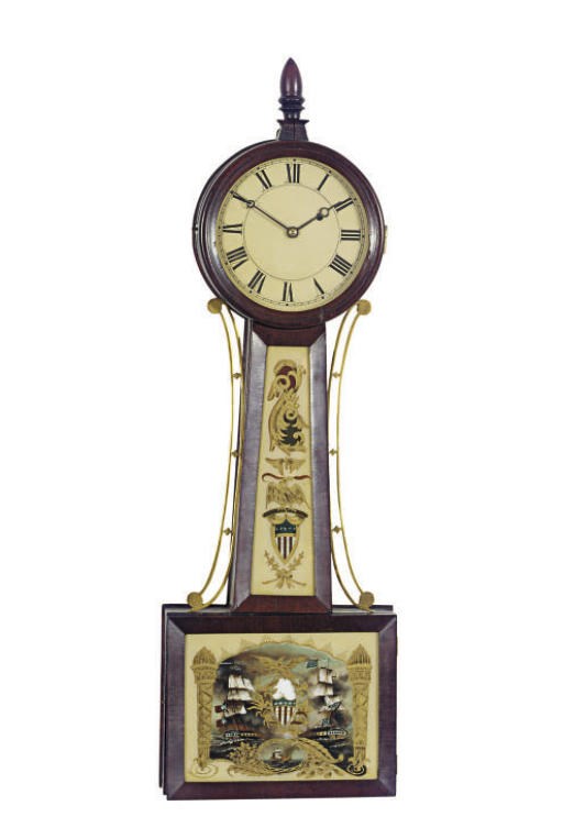 AN AMERICAN MAHOGANY VERRE EGLOMISE BANJO CLOCK,