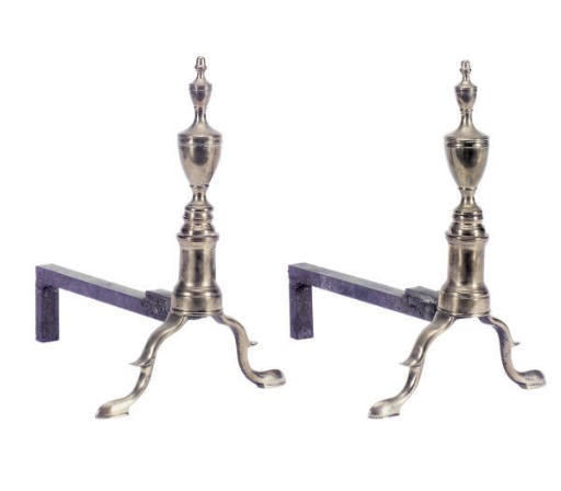 A PAIR OF BELL METAL URN-FORM ANDIRONS,