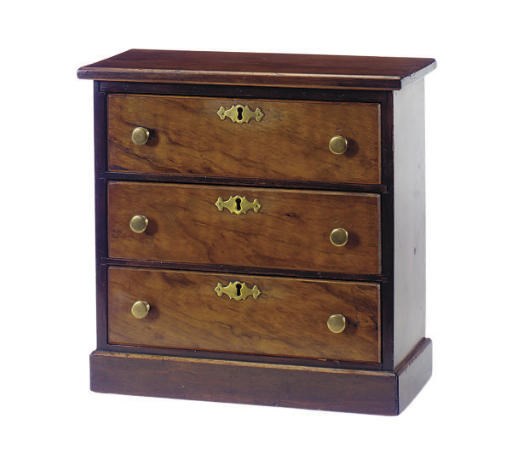A WALNUT MINIATURE THREE-DRAWER CHEST,