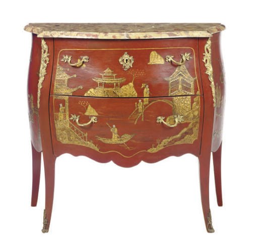 A GILT-METAL MOUNTED RED AND GILT LACQUERED SERPENTINE BOMBE COMMODE,