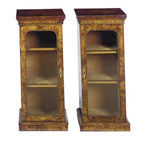 A PAIR OF VICTORIAN WALNUT AND MARQUETRY SIDE CABINETS,