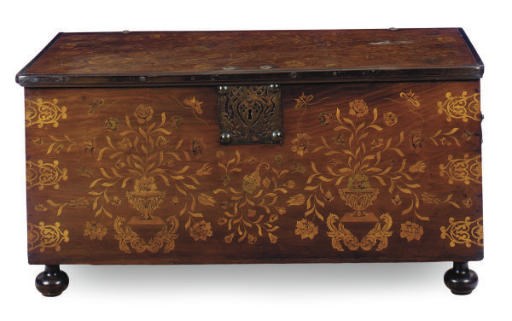 A DUTCH-COLONIAL FRUITWOOD AND MARQUETRY COFFER,