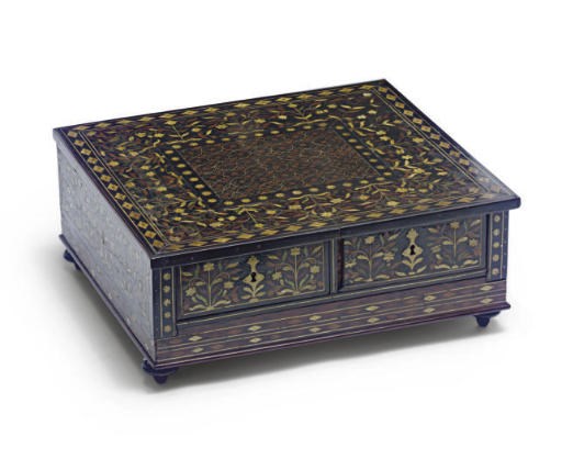 A COLONIAL IVORY-INLAID EBONY, ROSEWOOD AND MARQUETRY CASKET**,