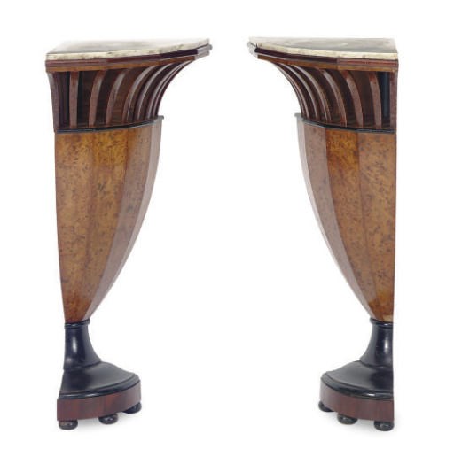 A PAIR OF BIEDERMEIER BURR BIRCH AND PART-EBONIZED CONSOLES,