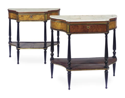 TWO NORTH EUROPEAN BRASS-BOUND BURLWOOD, WALNUT, MAHOGANY AND PART-EBONIZED MARBLE TOP CONSOLE TABLES,