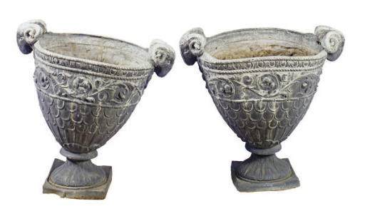 A PAIR OF CAST LEAD URNS,