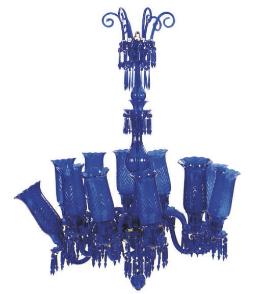 A VICTORIAN COBALT BLUE GLASS TWELVE-LIGHT CHANDELIER,