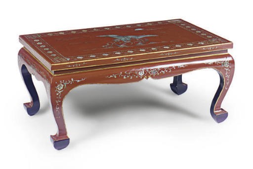A CHINESE RED LACQUER AND MOTHER-OF-PEARL LOW TABLE,