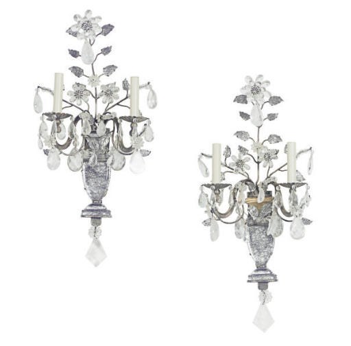 A PAIR OF FRENCH GLASS AND SILVERED TWO-BRANCH WALL-LIGHTS,