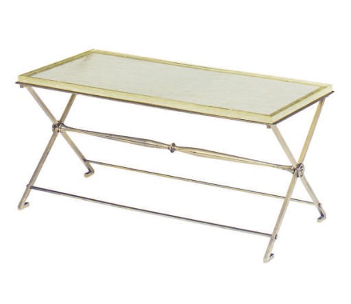 A GLASS AND BRASS LOW TABLE,