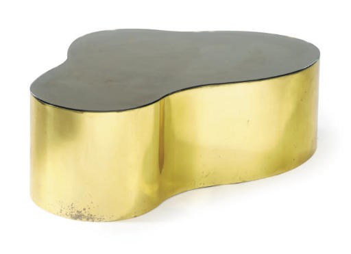 A BRASS AND GLASS TABLE,