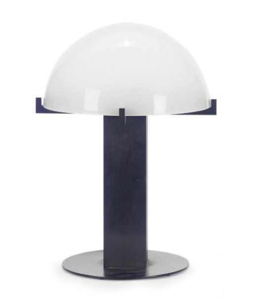 A MODERN BLACK METAL AND WHITE GLASS TABLE LAMP,