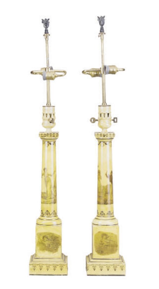 A PAIR OF DECOUPAGE TOLE PEINTE COLUMNS,