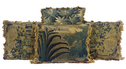 A GROUP OF FOUR BRUSSELS TAPESTRY FRAGMENT CUSHIONS,