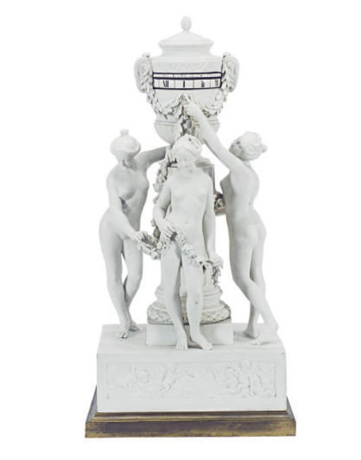 A FRENCH BISQUE PORCELAIN FIGURAL 'THREE GRACES' MANTEL CLOCK,