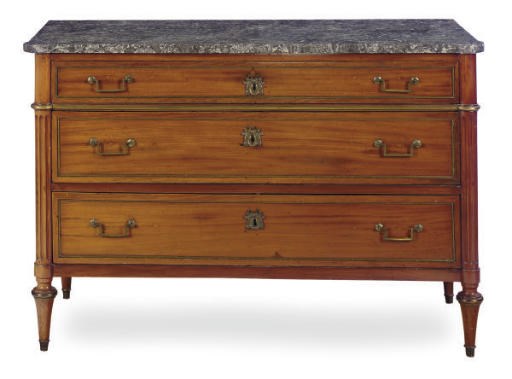 A FRENCH BRASS-MOUNTED MAHOGANY AND MARBLE TOP COMMODE,