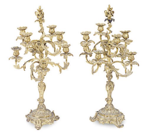 A PAIR OF FRENCH GILT-BRONZE EIGHT-LIGHT CANDELABRA,